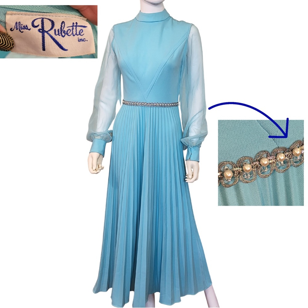 Vtg Aqua Polyester & Pearls Accordion Pleat Dress